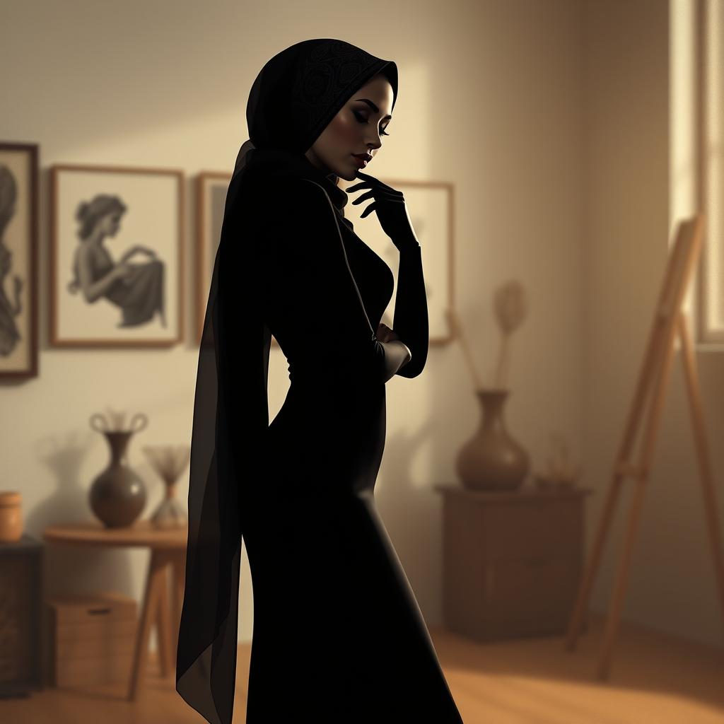 A digitally rendered woman with an elegant figure and an intricately designed hijab, standing gracefully in an art studio setting