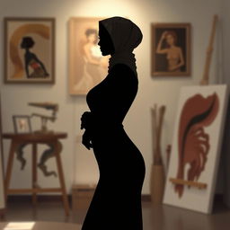 A digitally rendered woman with an elegant figure and an intricately designed hijab, standing gracefully in an art studio setting