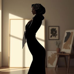 A digitally rendered woman with an elegant figure and an intricately designed hijab, standing gracefully in an art studio setting