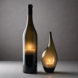 A modern, romantic wine bottle with elegant curves and a sleek design, basking in soft candlelight.