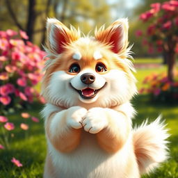 A fat furry dog girl with a joyful expression, her soft, fluffy fur glistening in the sunlight