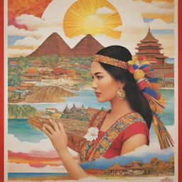 A captivating and culturally-rich promotional poster designed for tourism, celebrating the beauty of contemporary arts in the Philippines, weaving in elements of famous Philippine landmarks, art forms and cultural symbols.