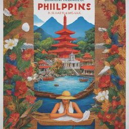 A captivating and culturally-rich promotional poster designed for tourism, celebrating the beauty of contemporary arts in the Philippines, weaving in elements of famous Philippine landmarks, art forms and cultural symbols.