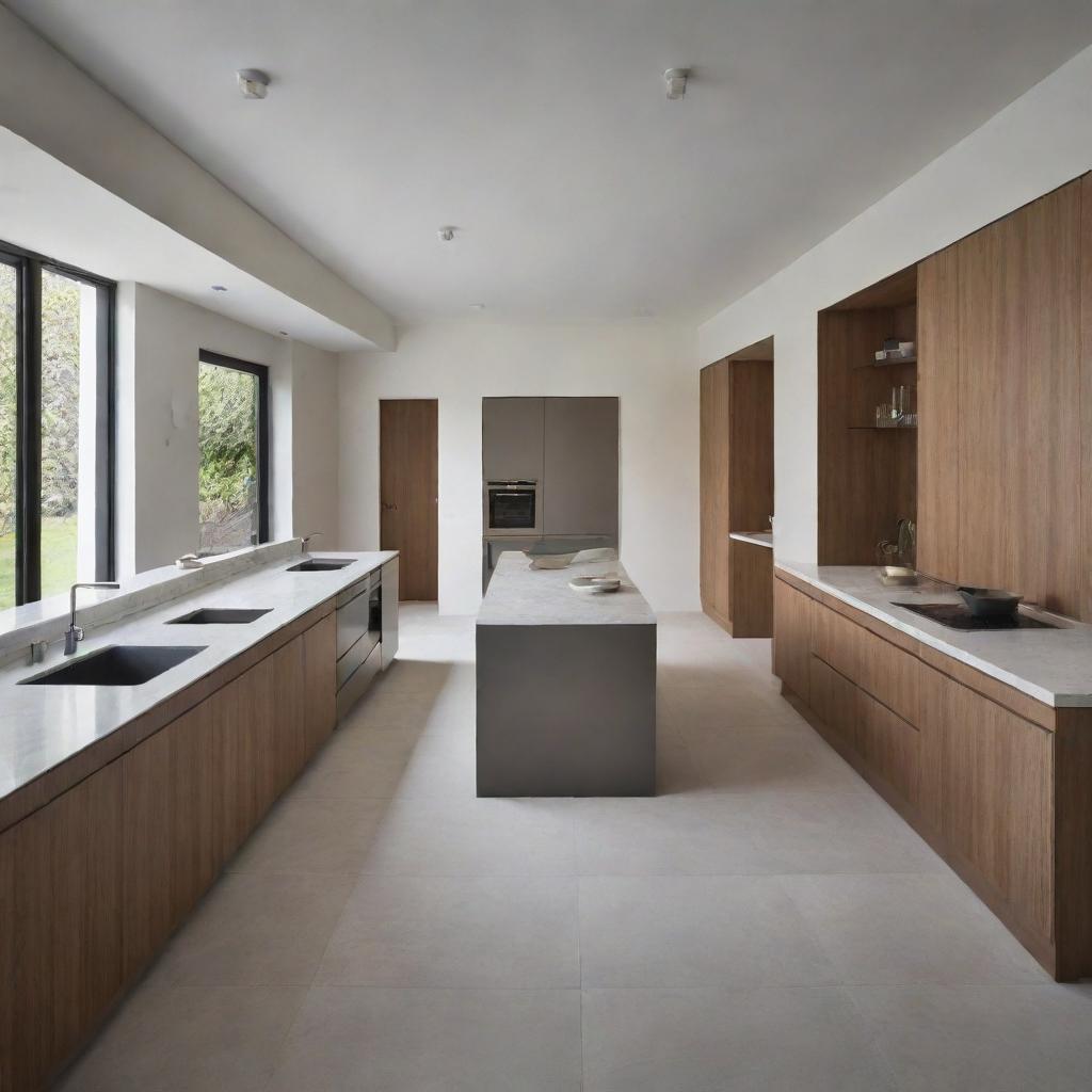 A cartesian plane comprising 30 distinct rooms, 5 separate kitchens, and 7 bathrooms distributed harmoniously.