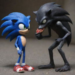 Zombie version of Sonic the Hedgehog maliciously munching on his adversary, Shadow.