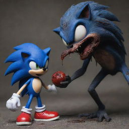 Zombie version of Sonic the Hedgehog maliciously munching on his adversary, Shadow.