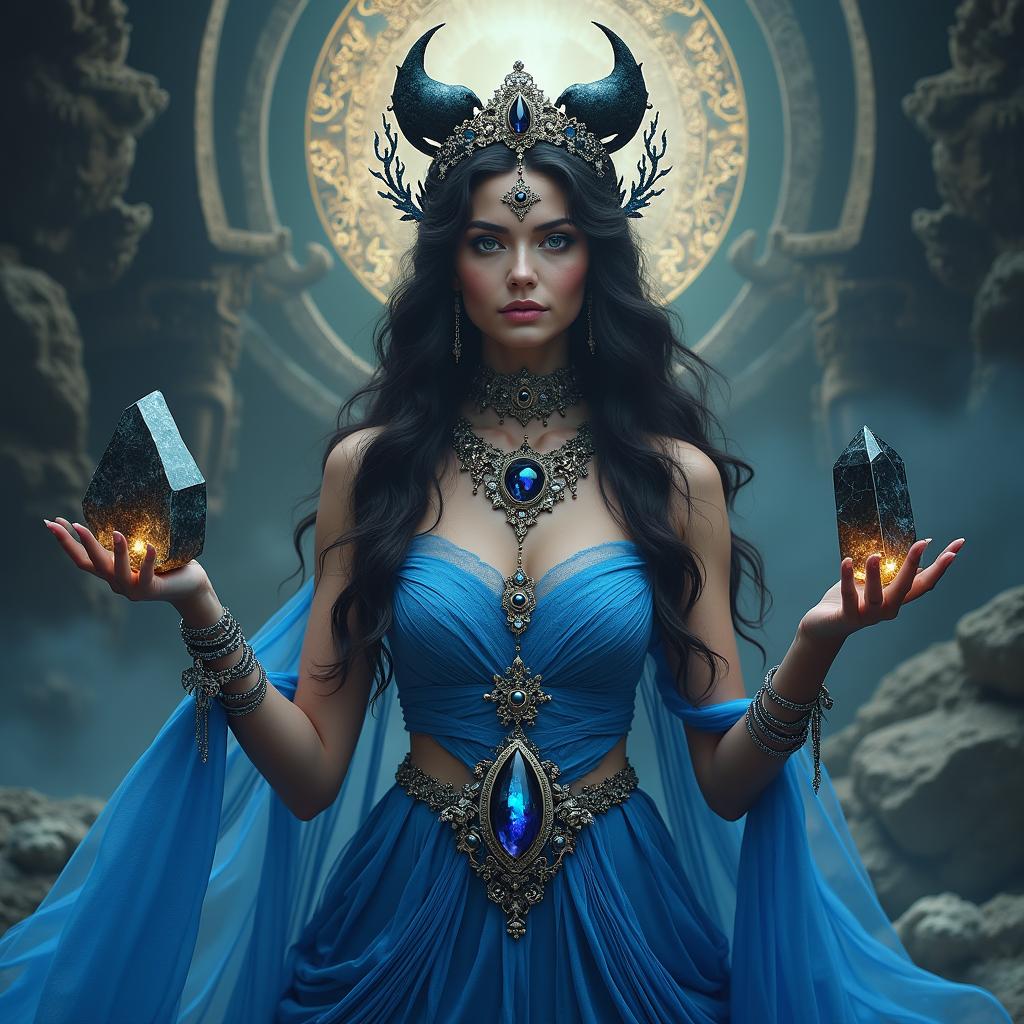 The Goddess of Awakening stands gracefully, wearing an electric blue dress that shimmers with ethereal energy