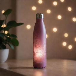 An insulated bottle with modern style elements, exuding a romantic aura, placed in a softly lit, ambient environment.