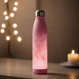 An insulated bottle with modern style elements, exuding a romantic aura, placed in a softly lit, ambient environment.