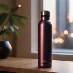 An insulated bottle with modern style elements, exuding a romantic aura, placed in a softly lit, ambient environment.