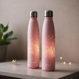 An insulated bottle with modern style elements, exuding a romantic aura, placed in a softly lit, ambient environment.