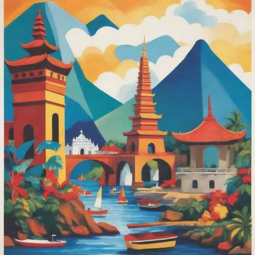 A person-free promotional poster, designed for tourism in the Philippines, artfully showcasing the splendor of contemporary Filipino art. Integrate elements of famous Philippine landmarks, abstract art, and cultural motifs.