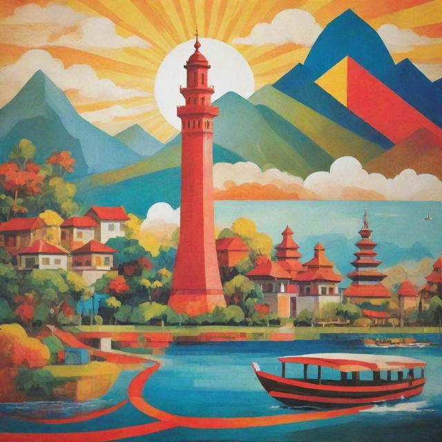 A person-free promotional poster, designed for tourism in the Philippines, artfully showcasing the splendor of contemporary Filipino art. Integrate elements of famous Philippine landmarks, abstract art, and cultural motifs.