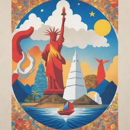 A person-free promotional poster, designed for tourism in the Philippines, artfully showcasing the splendor of contemporary Filipino art. Integrate elements of famous Philippine landmarks, abstract art, and cultural motifs.