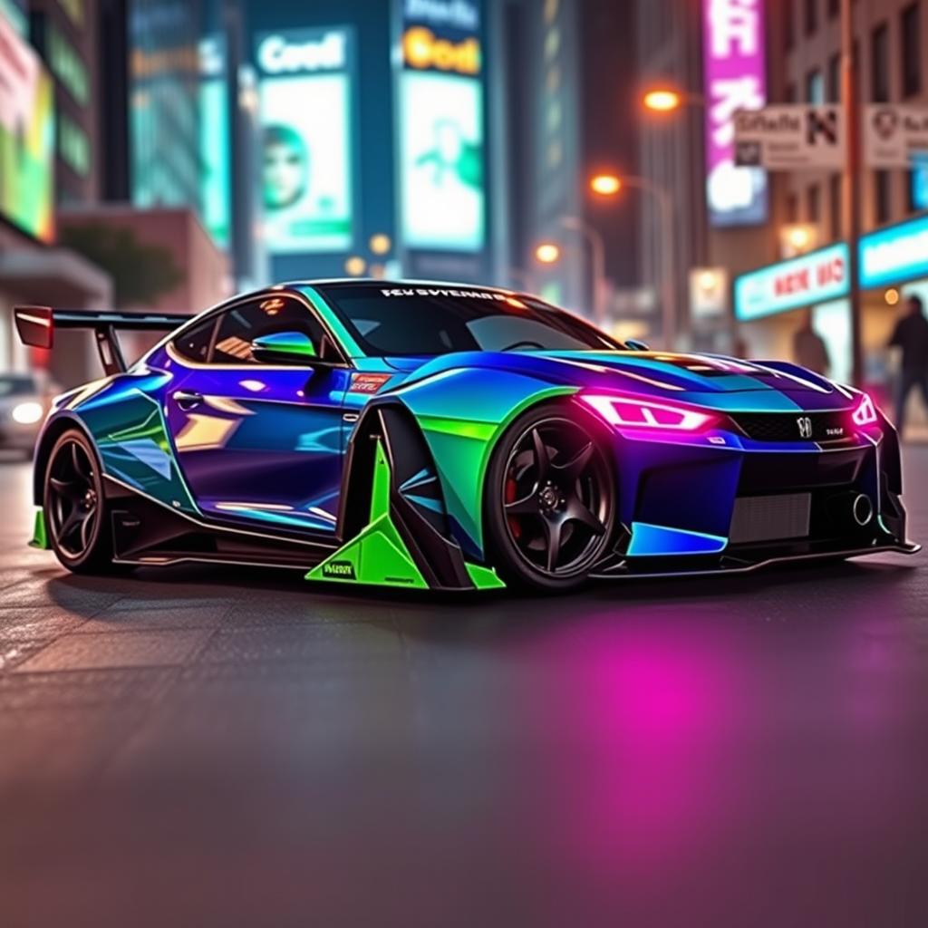 A sleek and futuristic drift street car design, featuring sharp angular lines and vibrant colors like electric blue and neon green