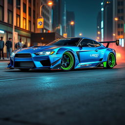 A sleek and futuristic drift street car design, featuring sharp angular lines and vibrant colors like electric blue and neon green