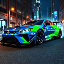 A sleek and futuristic drift street car design, featuring sharp angular lines and vibrant colors like electric blue and neon green