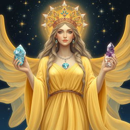 The Goddess of The Stars exudes celestial beauty, adorned in a soft yellow, flowing dress that cascades like starlight around her