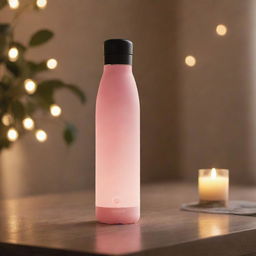 A modern, insulated bottle designed with romantic undertones, showcased in a warm, softly lit environment.