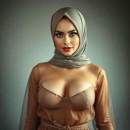 A woman wearing a hijab combined with a sheer outfit, revealing her large bosom in a suggestive manner