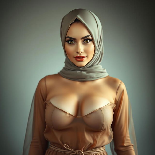 A woman wearing a hijab combined with a sheer outfit, revealing her large bosom in a suggestive manner