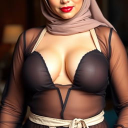 A woman wearing a hijab combined with a sheer outfit, revealing her large bosom in a suggestive manner