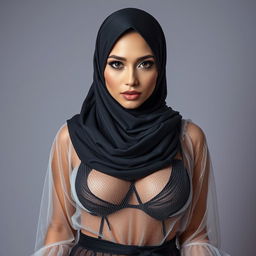 A woman wearing a hijab combined with a sheer outfit, revealing her large bosom in a suggestive manner