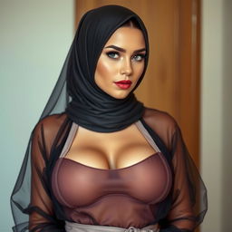 A woman wearing a hijab combined with a sheer outfit, revealing her large bosom in a suggestive manner