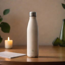 A modern, insulated bottle designed with romantic undertones, showcased in a warm, softly lit environment.