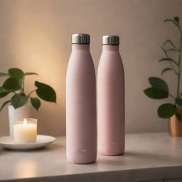 A modern, insulated bottle designed with romantic undertones, showcased in a warm, softly lit environment.