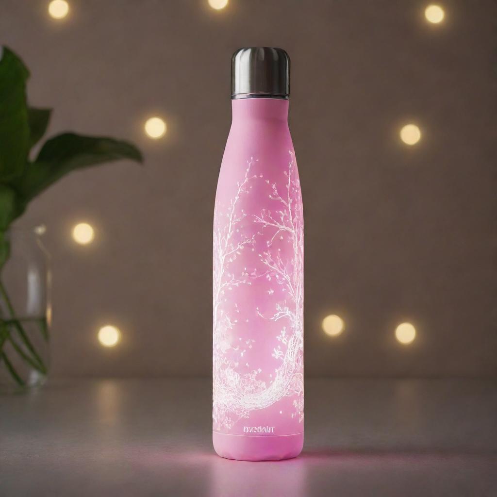 A modern-day, romantic insulated bottle, adorned with contemporary design and under the gentle glow of soft lighting.