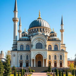 A cinematic view of a stunning mosque, featuring intricate architectural designs and cultural elements distinct to Romania, Hungary, and Moldova