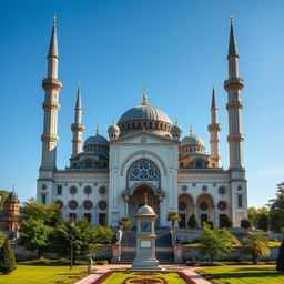 A cinematic view of a stunning mosque, featuring intricate architectural designs and cultural elements distinct to Romania, Hungary, and Moldova