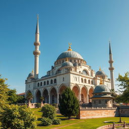 A cinematic view of a stunning mosque, featuring intricate architectural designs and cultural elements distinct to Romania, Hungary, and Moldova