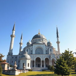 A cinematic view of a stunning mosque, featuring intricate architectural designs and cultural elements distinct to Romania, Hungary, and Moldova