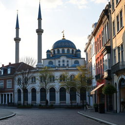 A picturesque scene of a mosque in a city within the Benelux region, showcasing a harmonious blend of traditional Islamic architecture with regional European influences