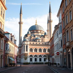 A picturesque scene of a mosque in a city within the Benelux region, showcasing a harmonious blend of traditional Islamic architecture with regional European influences