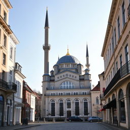 A picturesque scene of a mosque in a city within the Benelux region, showcasing a harmonious blend of traditional Islamic architecture with regional European influences