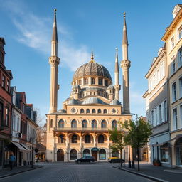 A picturesque scene of a mosque in a city within the Benelux region, showcasing a harmonious blend of traditional Islamic architecture with regional European influences