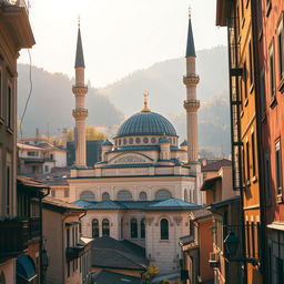 A captivating scene of a mosque in a Balkan city, highlighting the rich, historical architecture typical of the region