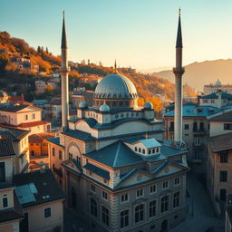 A captivating scene of a mosque in a Balkan city, highlighting the rich, historical architecture typical of the region