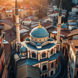 A captivating scene of a mosque in a Balkan city, highlighting the rich, historical architecture typical of the region