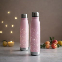 A modern-day, romantic insulated bottle, adorned with contemporary design and under the gentle glow of soft lighting.