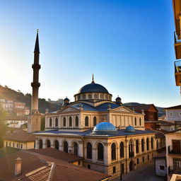 A captivating scene of a mosque in a Balkan city, highlighting the rich, historical architecture typical of the region
