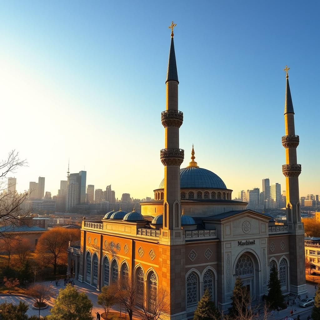 A picturesque mosque located in a bustling North American city, showcasing a blend of traditional Islamic architecture with modern urban surroundings