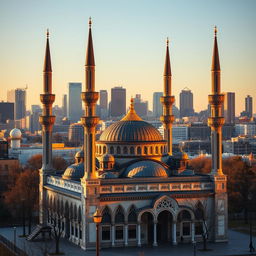 A picturesque mosque located in a bustling North American city, showcasing a blend of traditional Islamic architecture with modern urban surroundings