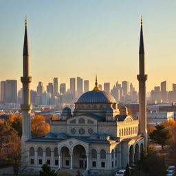 A picturesque mosque located in a bustling North American city, showcasing a blend of traditional Islamic architecture with modern urban surroundings