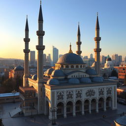 A picturesque mosque located in a bustling North American city, showcasing a blend of traditional Islamic architecture with modern urban surroundings