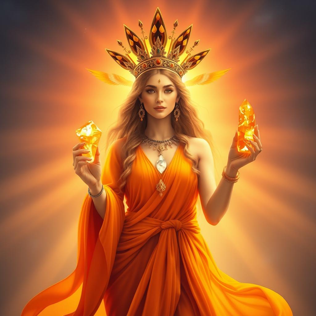 The Goddess of The Sun radiates warmth and light, draped in an orange, flowing dress that glows like the morning sunrise