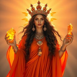 The Goddess of The Sun radiates warmth and light, draped in an orange, flowing dress that glows like the morning sunrise